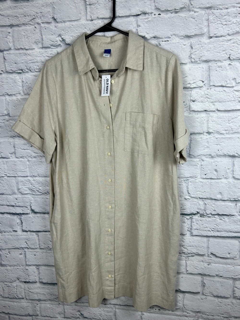 Old Navy Linen Blend Shirt Dress Beige Button Front Short Sleeve Women’s Large